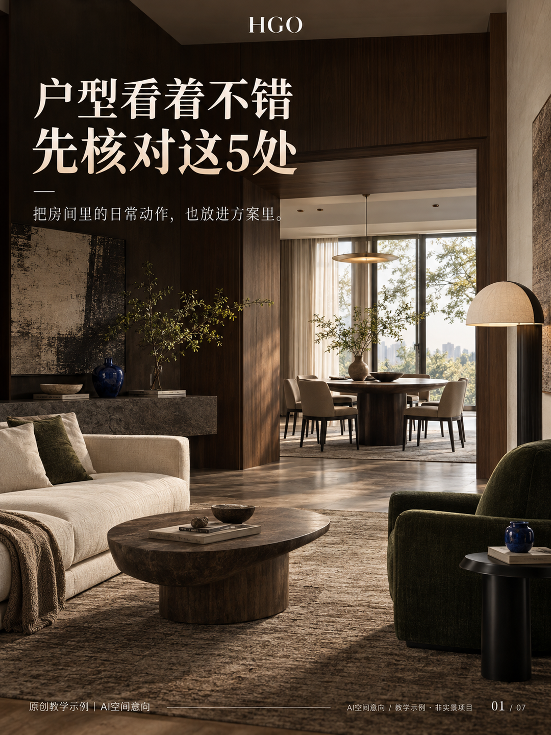 客餐厅空间意向与五处关系核对主题,AI生成,非真实项目实景